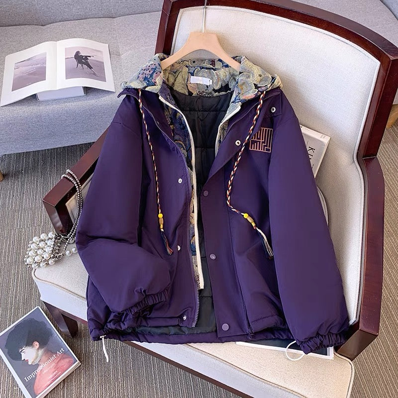 Embroidered hooded jacket autumn and winter plus velvet jacket new style hot style loose thickened baseball jacket