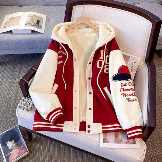 Hooded color matching baseball jacket for women autumn and winter plus velvet thickened new style cotton coat